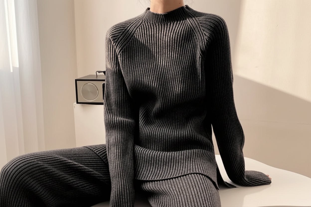 Slit Knit Sweater & Wide Leg Pants Set — Detail View 15