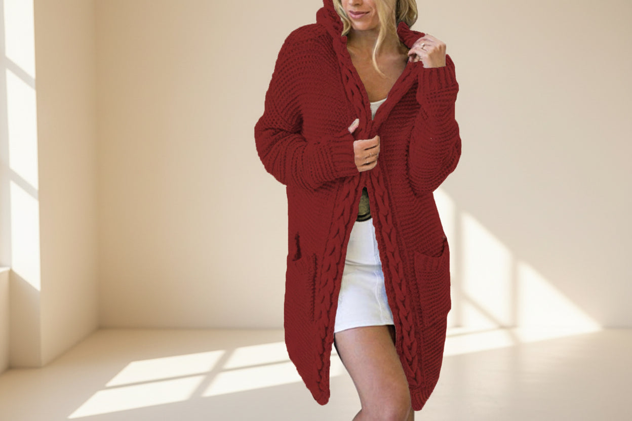 Hooded Cable Knit Colorblock Cardigan — Detail View 10