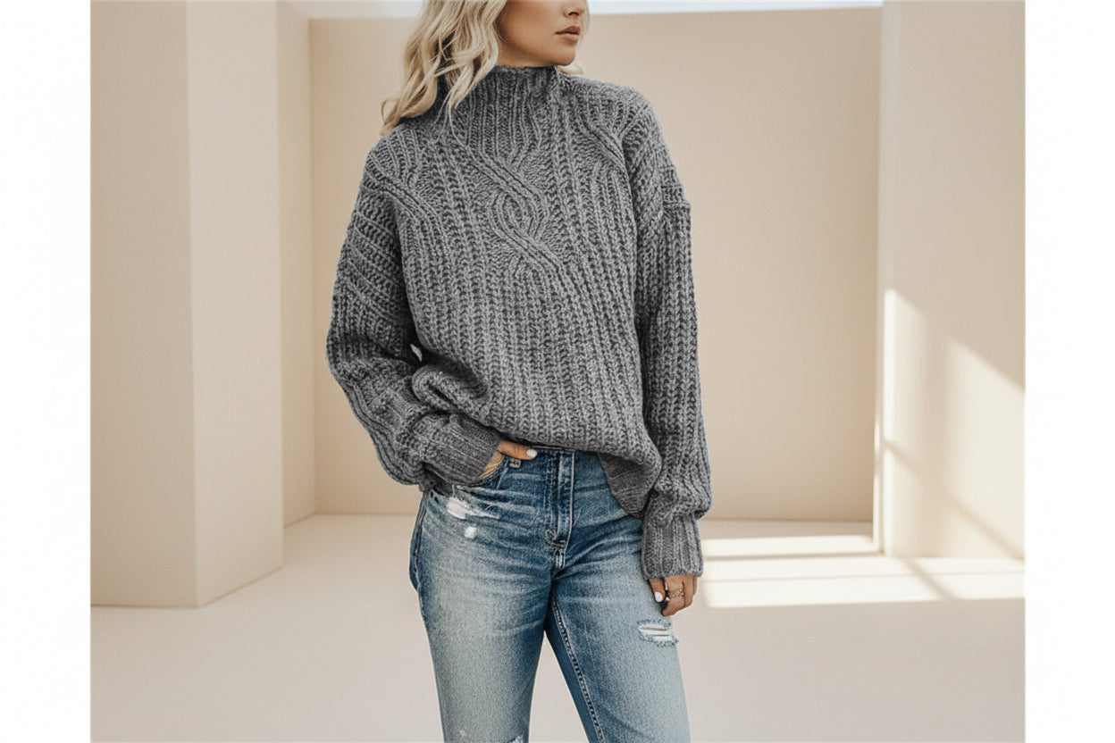 ELNOVÉ High Neck Cable Knit Pullover