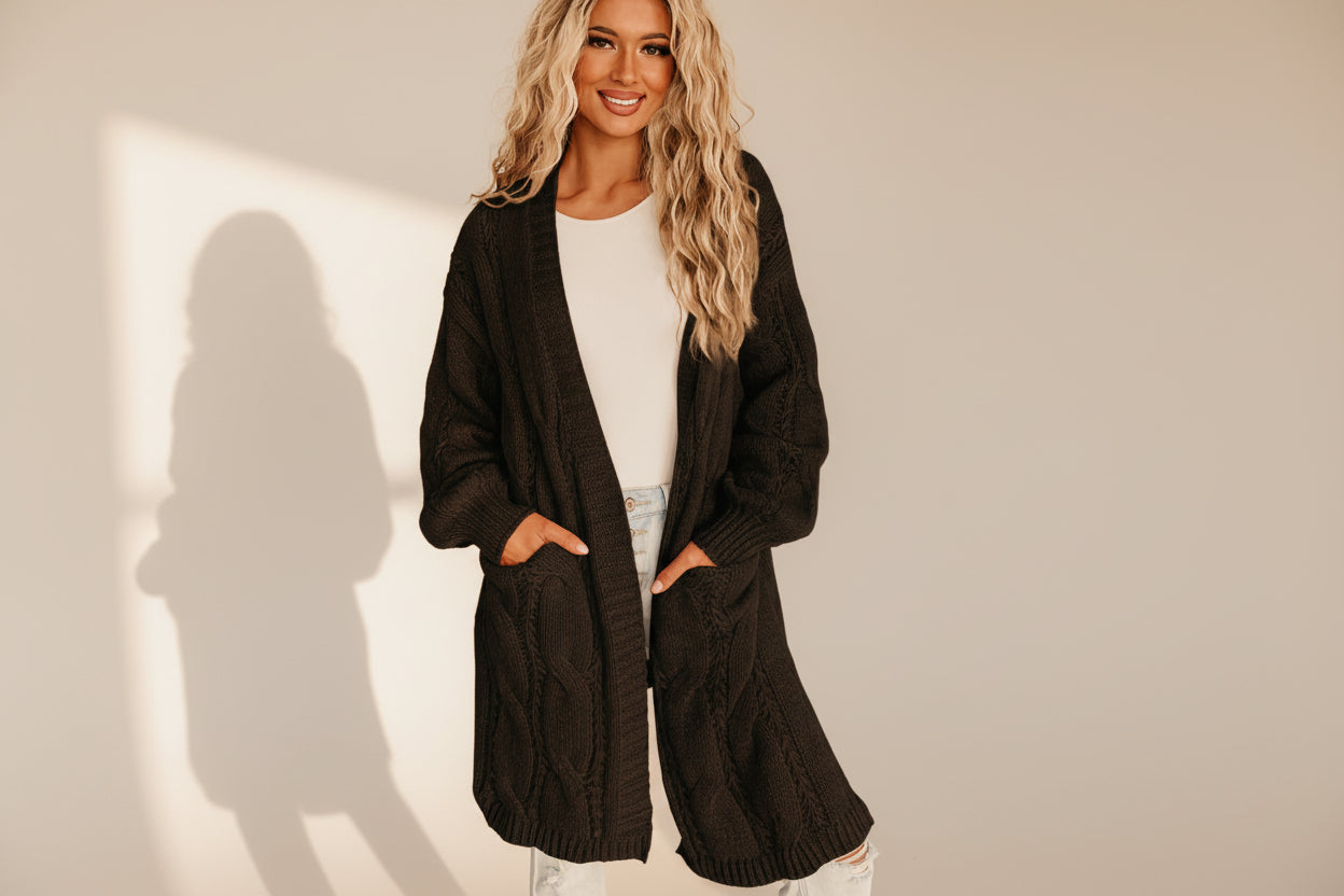 Ribbed Trim Eyelet Cable Knit Cardigan — View 27