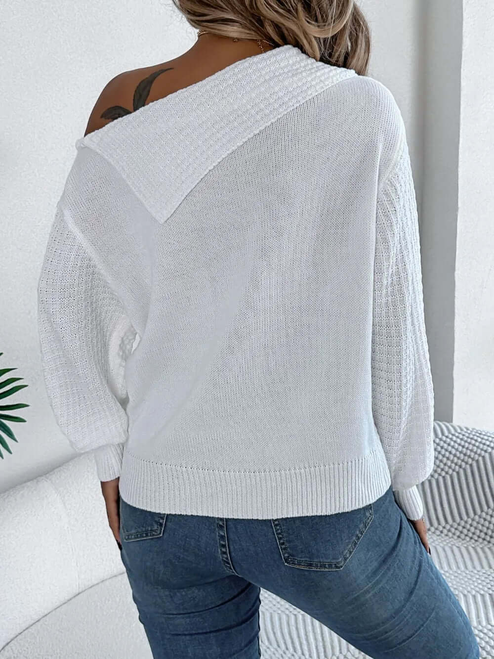 Amélie One-Shoulder Cable-Knit Sweater#Color_White