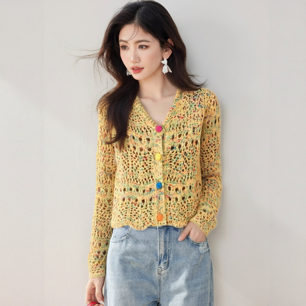 Yellow Hollow Knit Cardigan — View 4