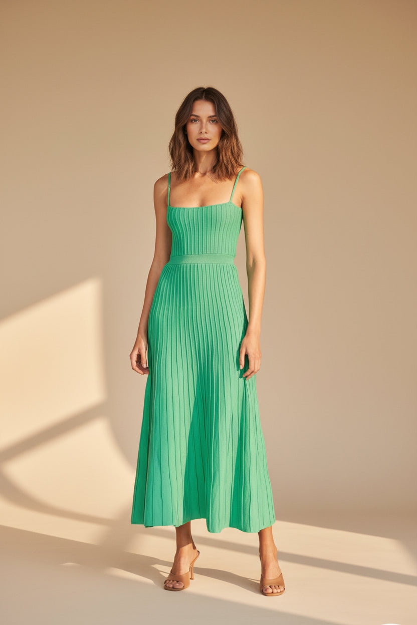 Solid Pleated Knit Slip Dress — close-up