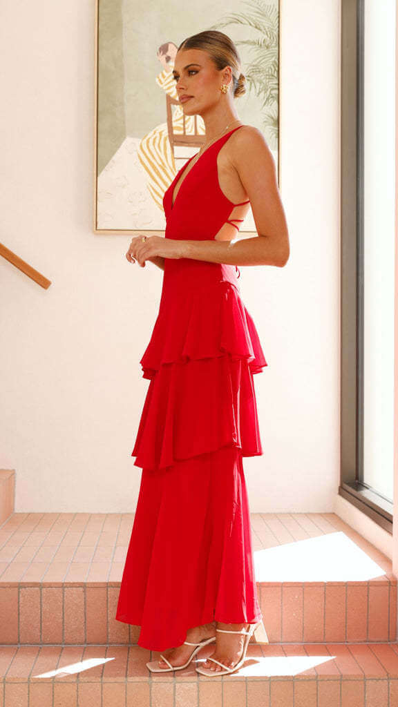 sleeveless V-neck dress #Color_Red