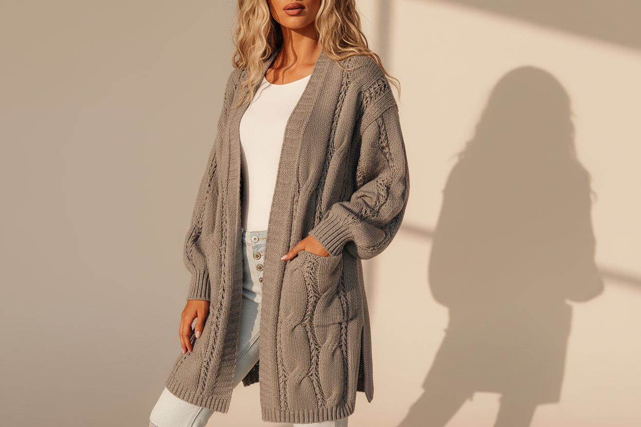 Ribbed Trim Eyelet Cable Knit Cardigan — View 56