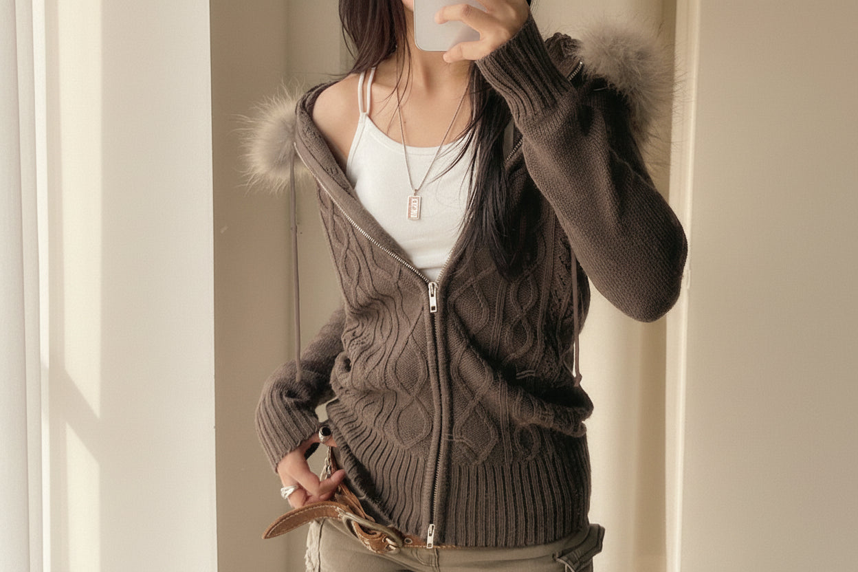 Fuzzy Hooded Cable Knit Zip Cardigan — View 7