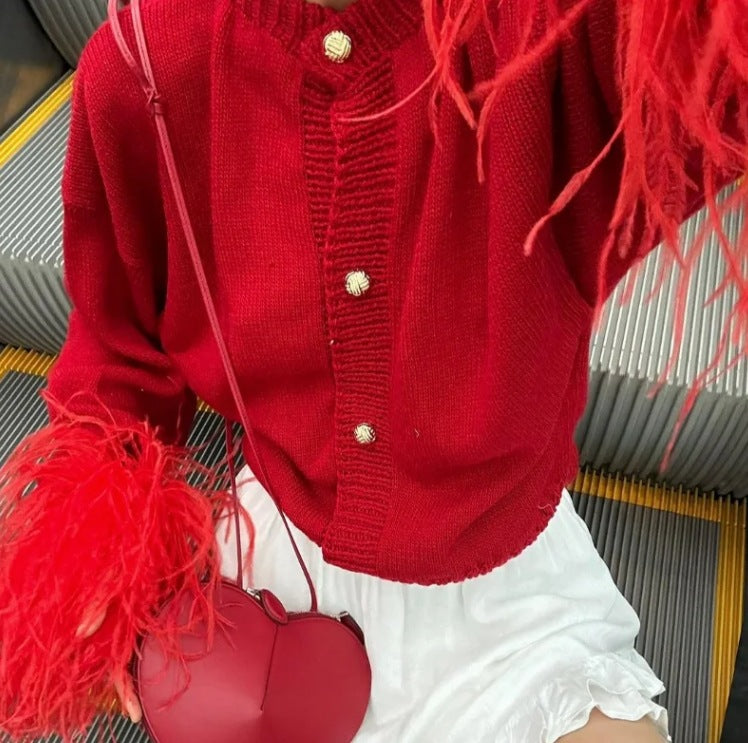 feather-trim knit cardigan