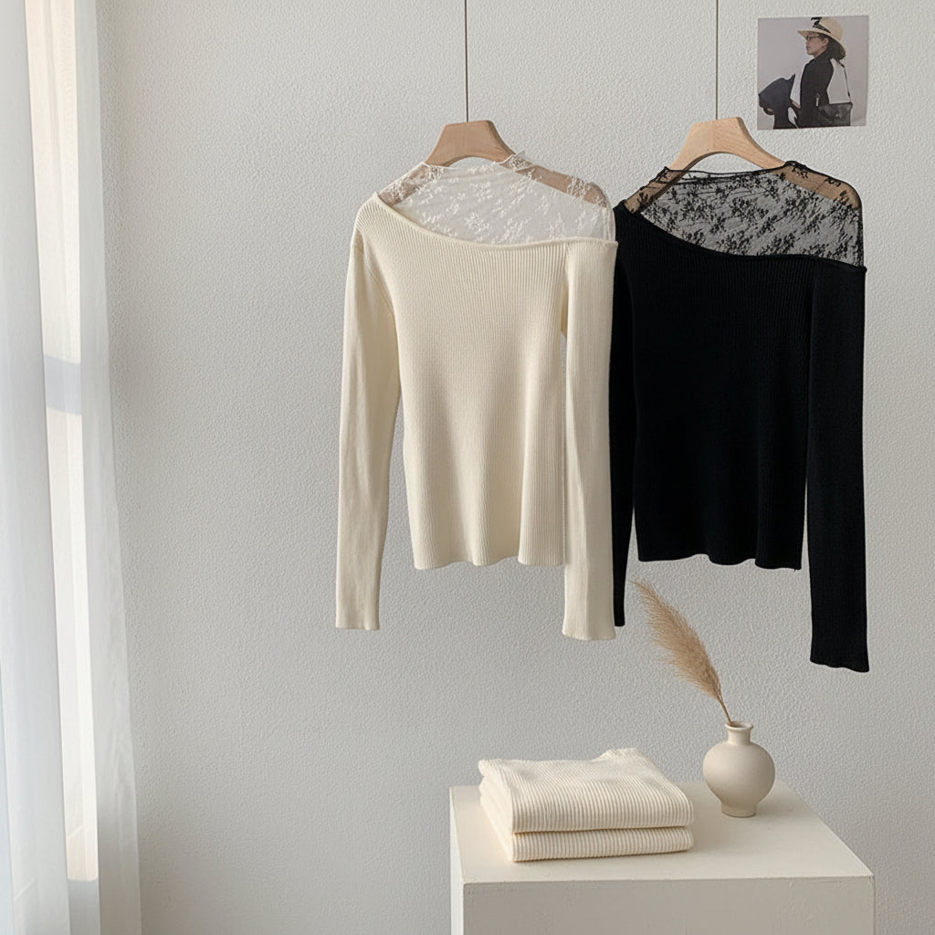 ELNOVÉ Lace Panel High Neck Knit Top