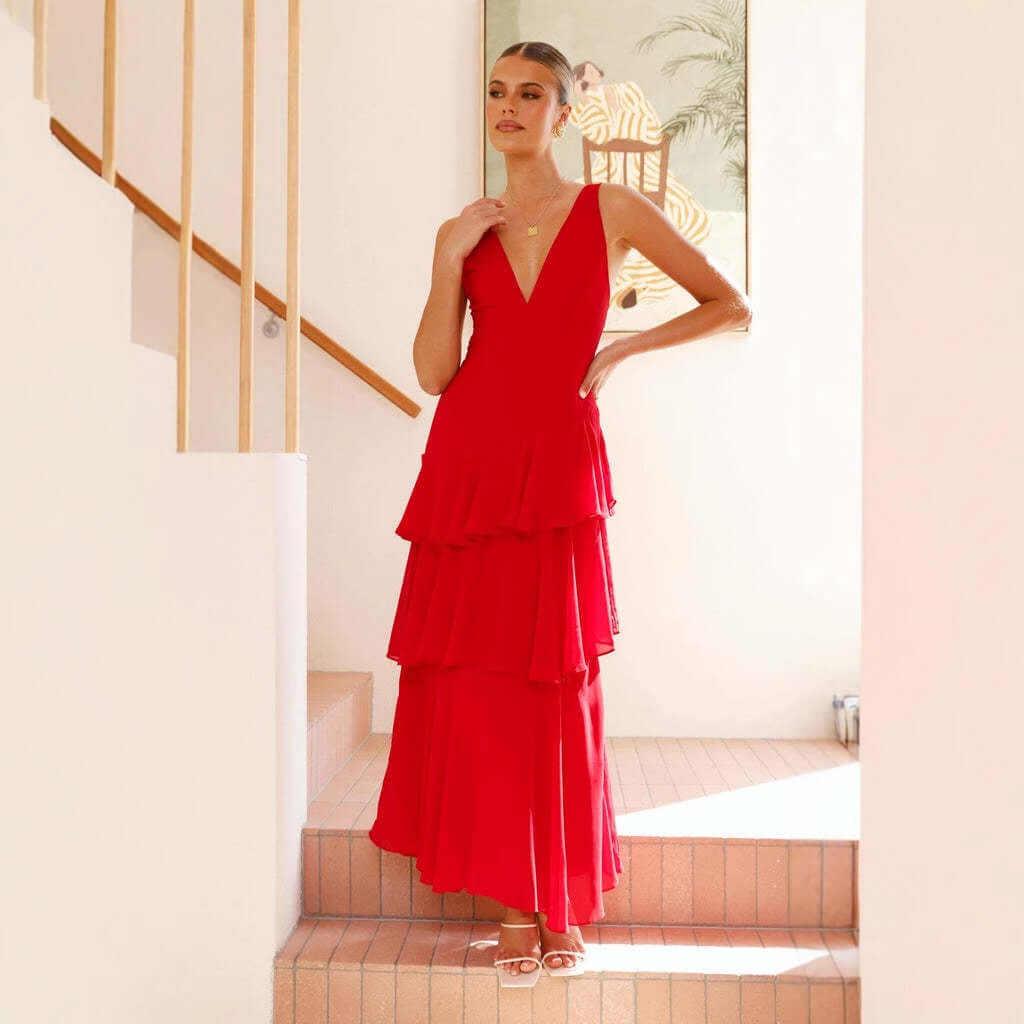 sleeveless V-neck dress #Color_Red