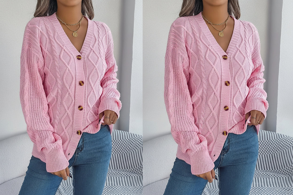 Cable-Knit Long Sleeve Cardigan — Detail View 1