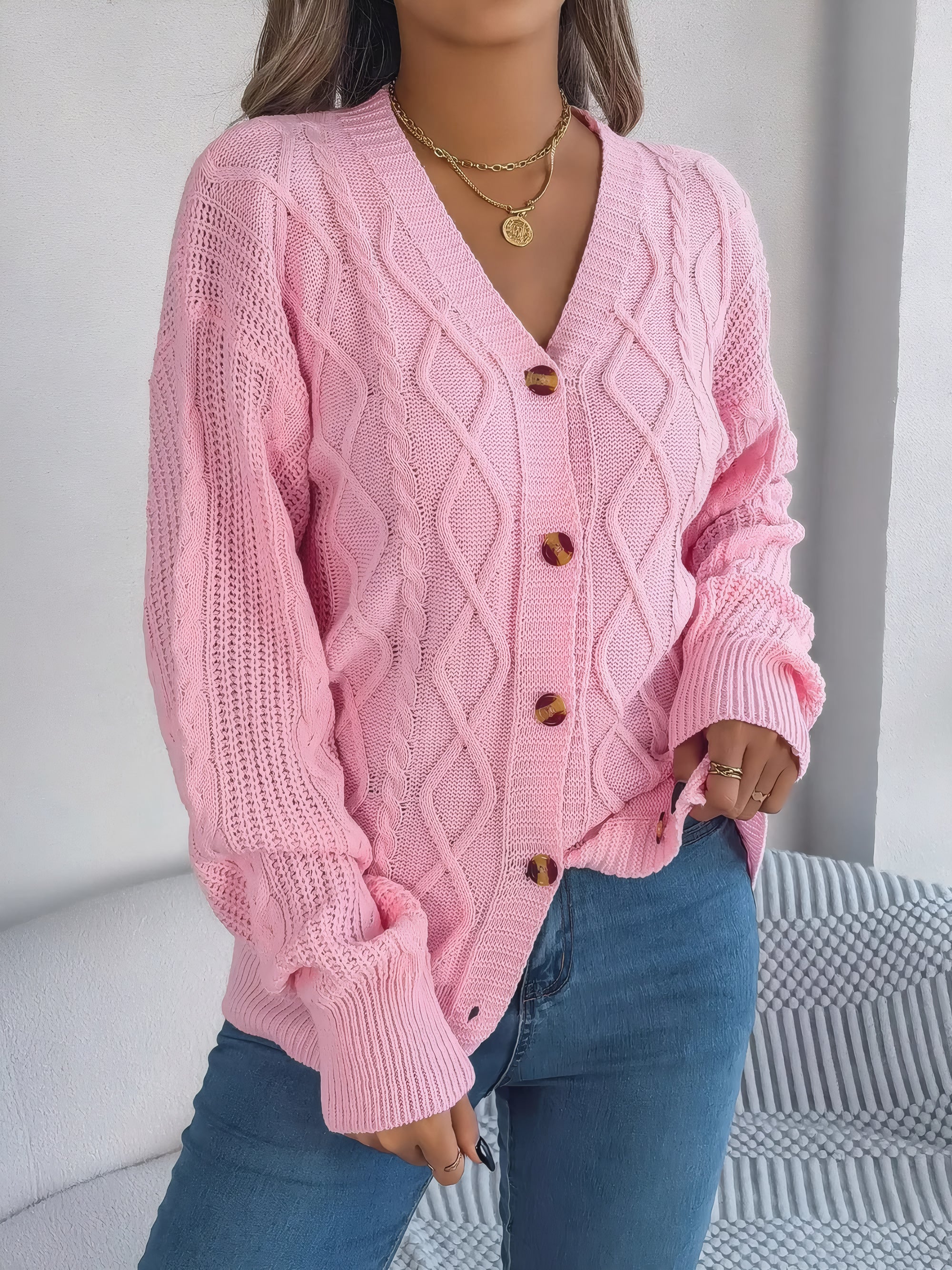 cardigan col en V maille torsadée #Color_Blush Pink