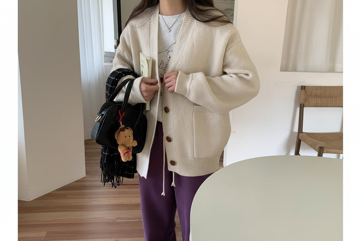 Classic V-Neck Button Cardigan — Detail View 4