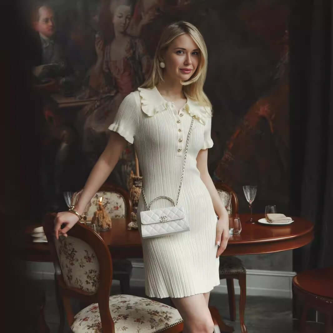 ruffle-trim polo knit dress#Color_White