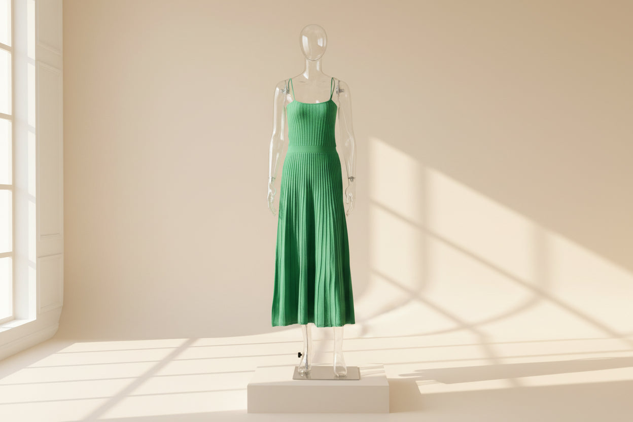 Solid Pleated Knit Slip Dress — back view