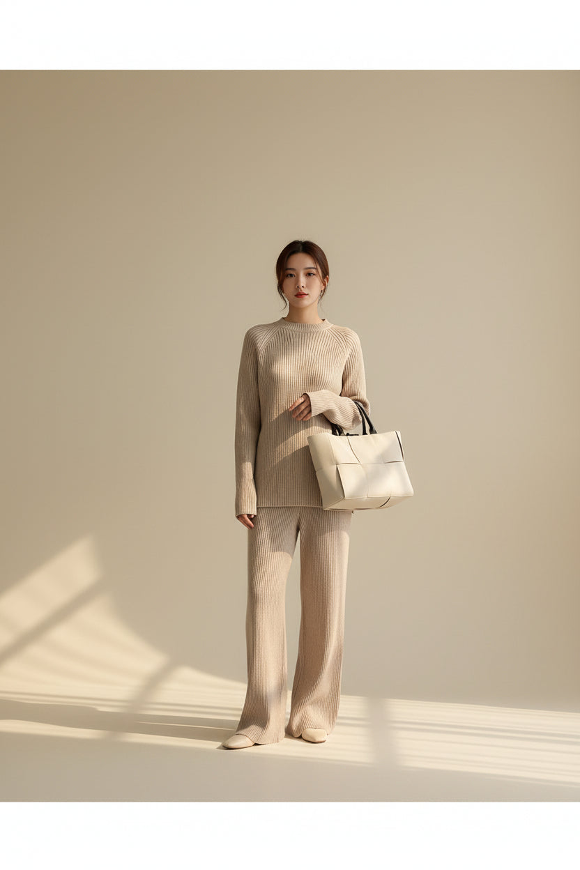 Slit Knit Sweater & Wide Leg Pants Set — Front View