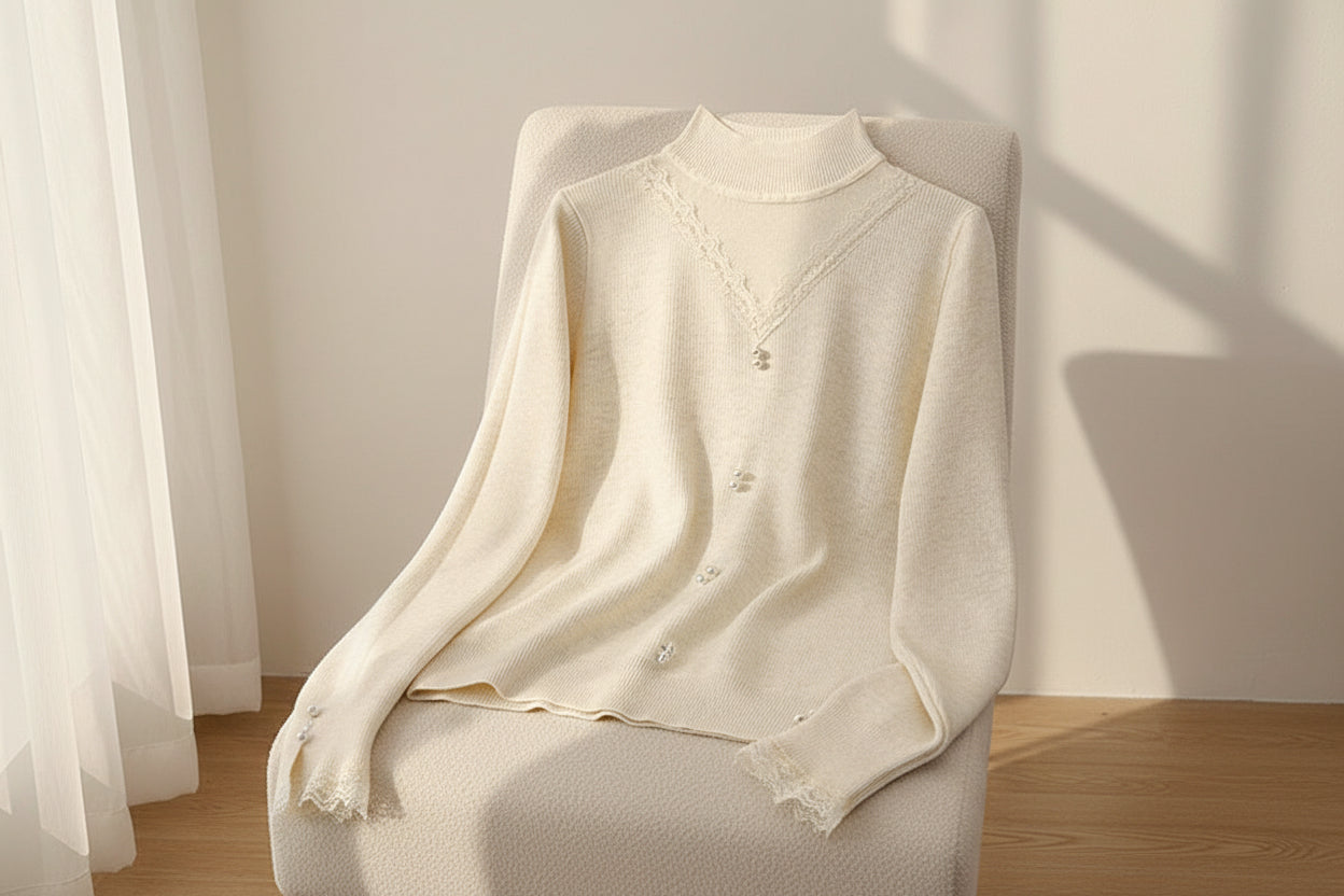 Chiffon-Trim Long Sleeve Knit Sweater — Detail View 4