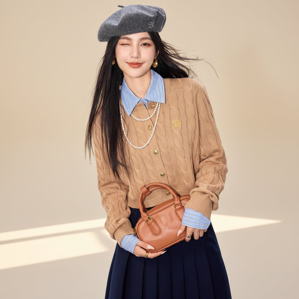 Gray Cable Knit Fitted Cardigan — View 5