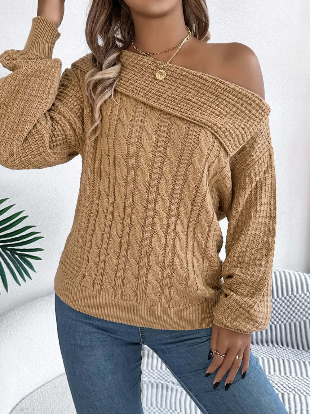 Amélie One-Shoulder Cable-Knit Sweater#Color_Camel