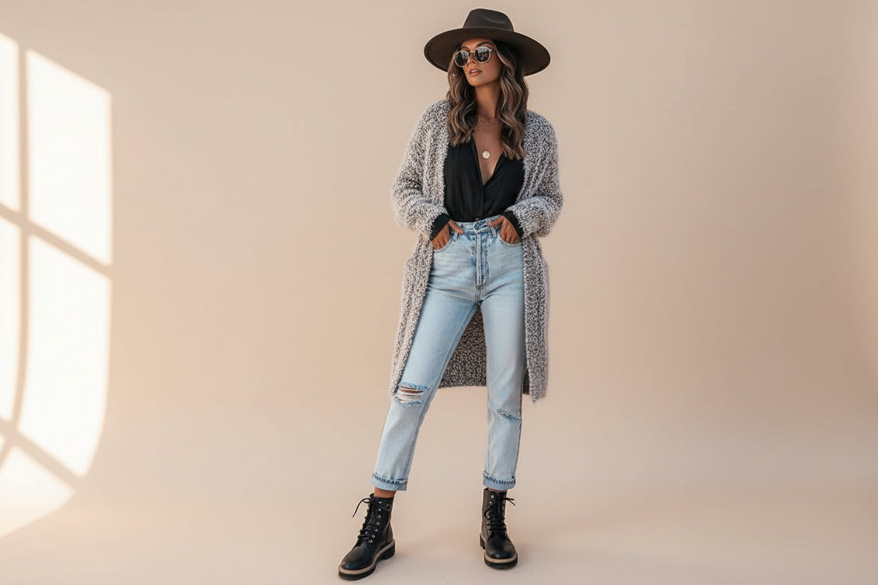 Gray Fuzzy Knit Cardigan with Pockets — Detail View 10