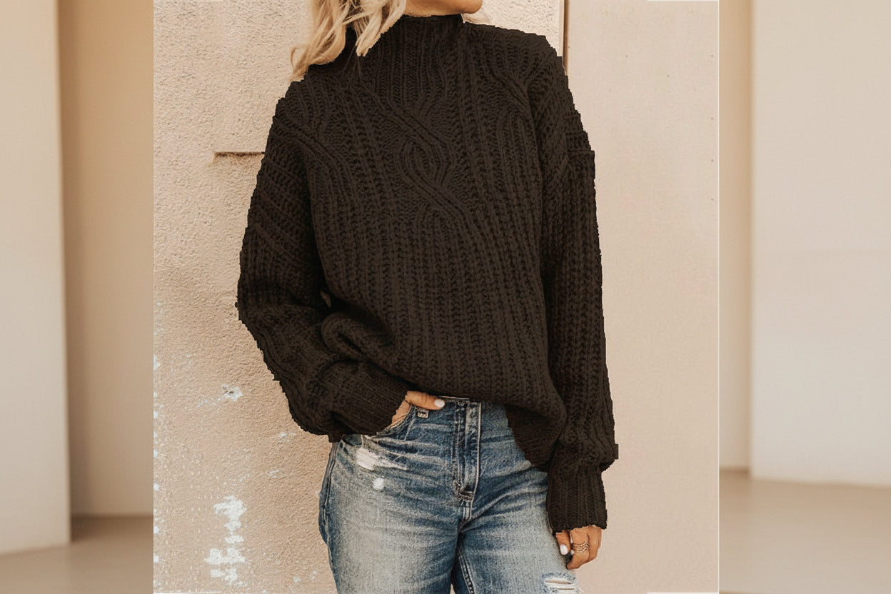 ELNOVÉ High Neck Cable Knit Pullover