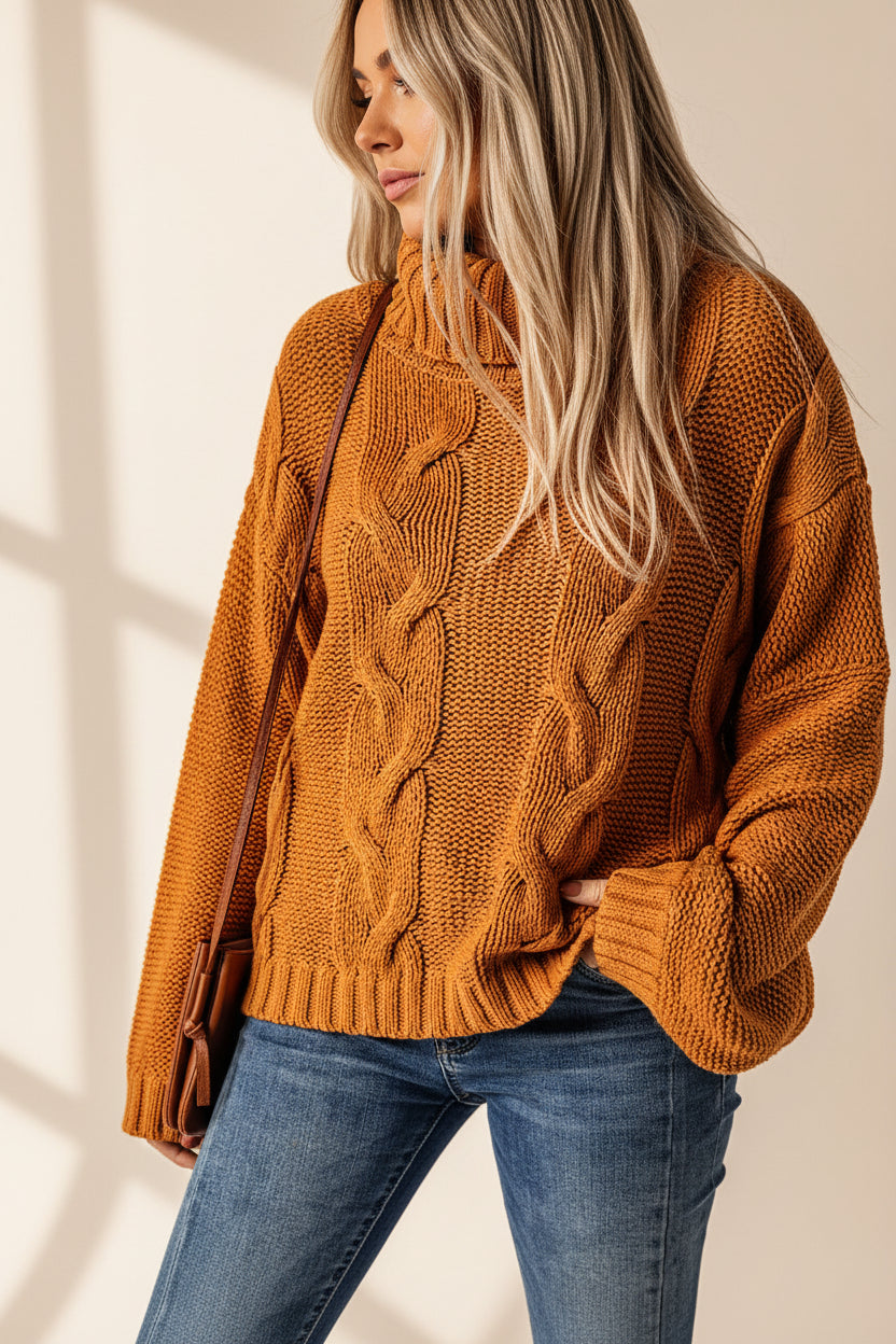 Cable-Knit Handmade Turtleneck Sweater — Detail View 5