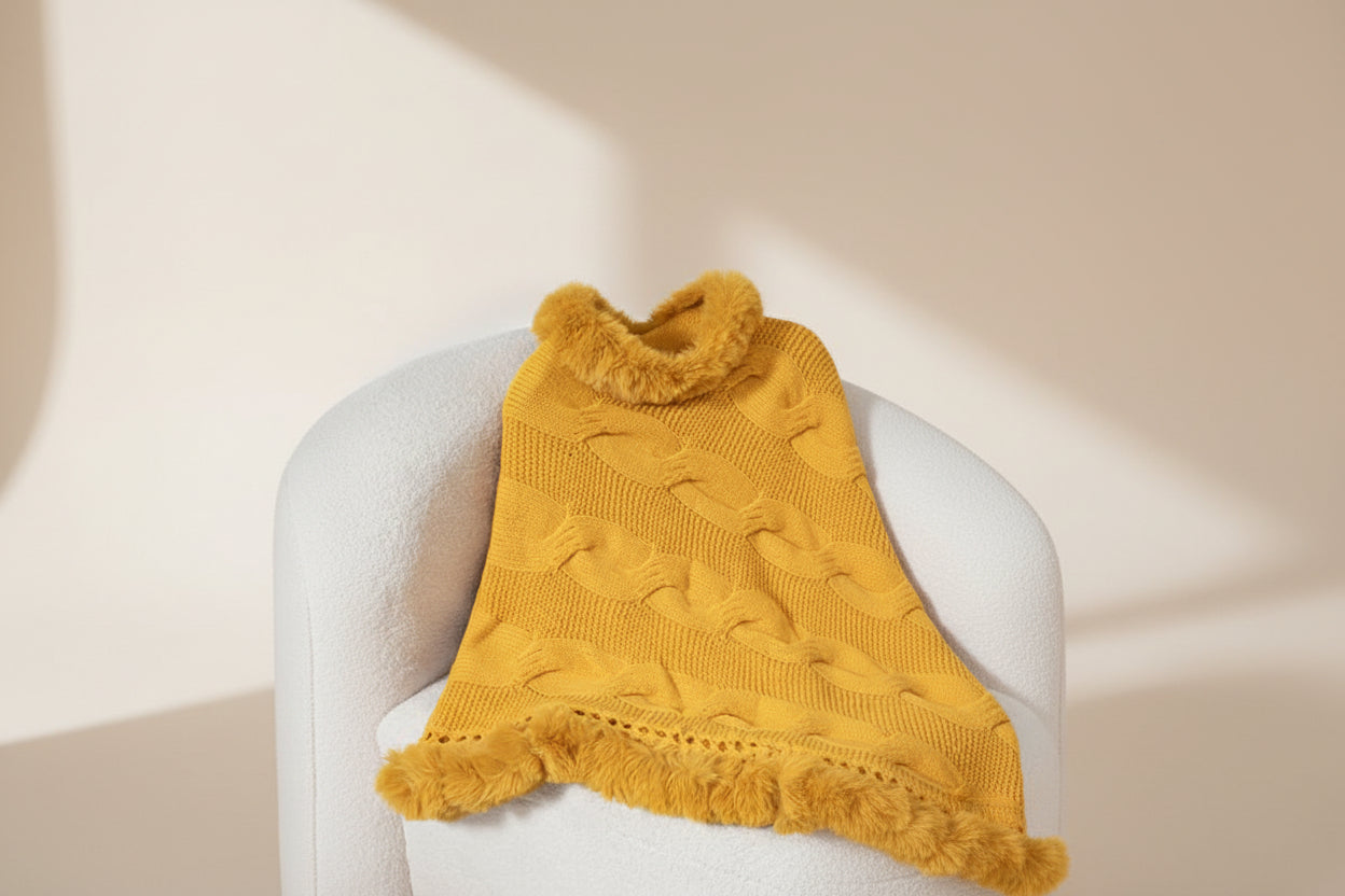 Fuzzy Hem Cable-Knit Poncho — Detail View 6