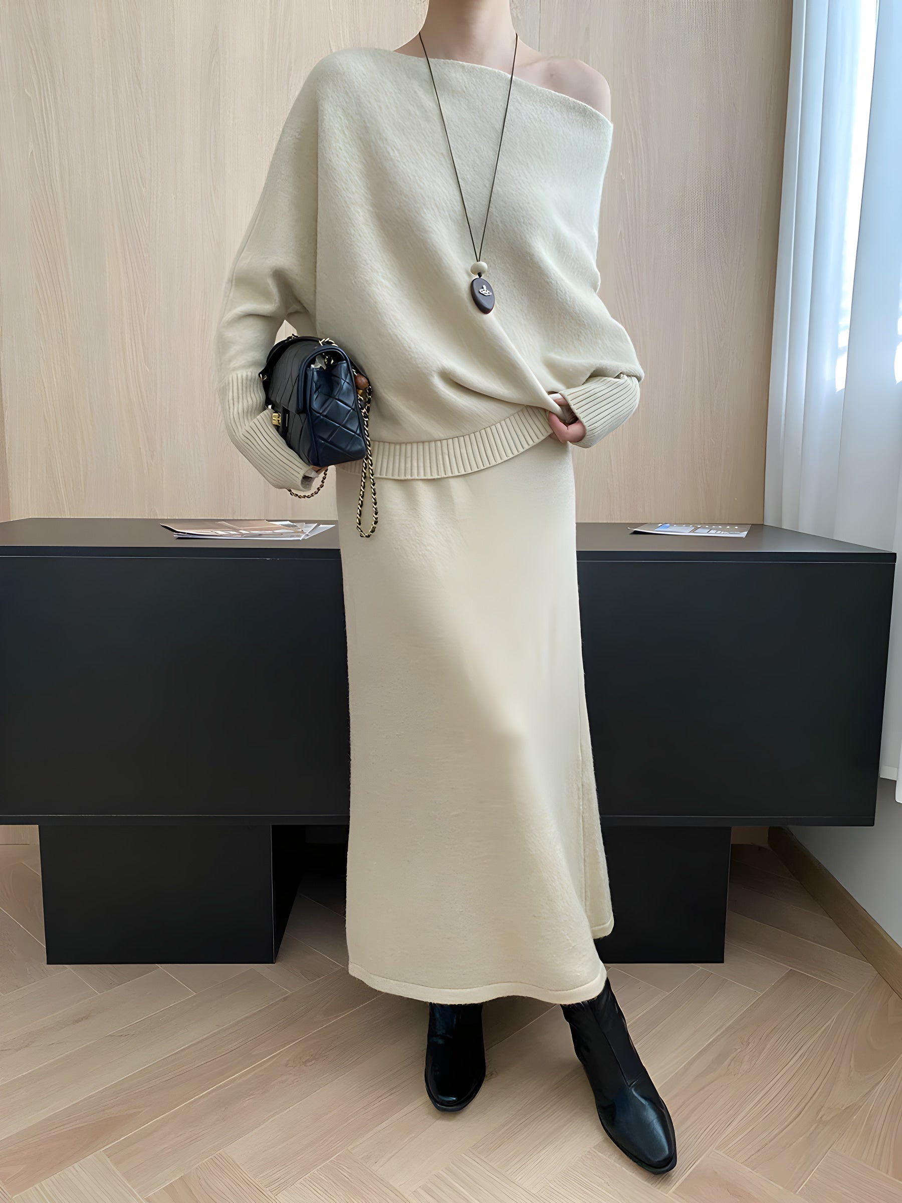 batwing off-shoulder knit two-piece set#Color_Apricot