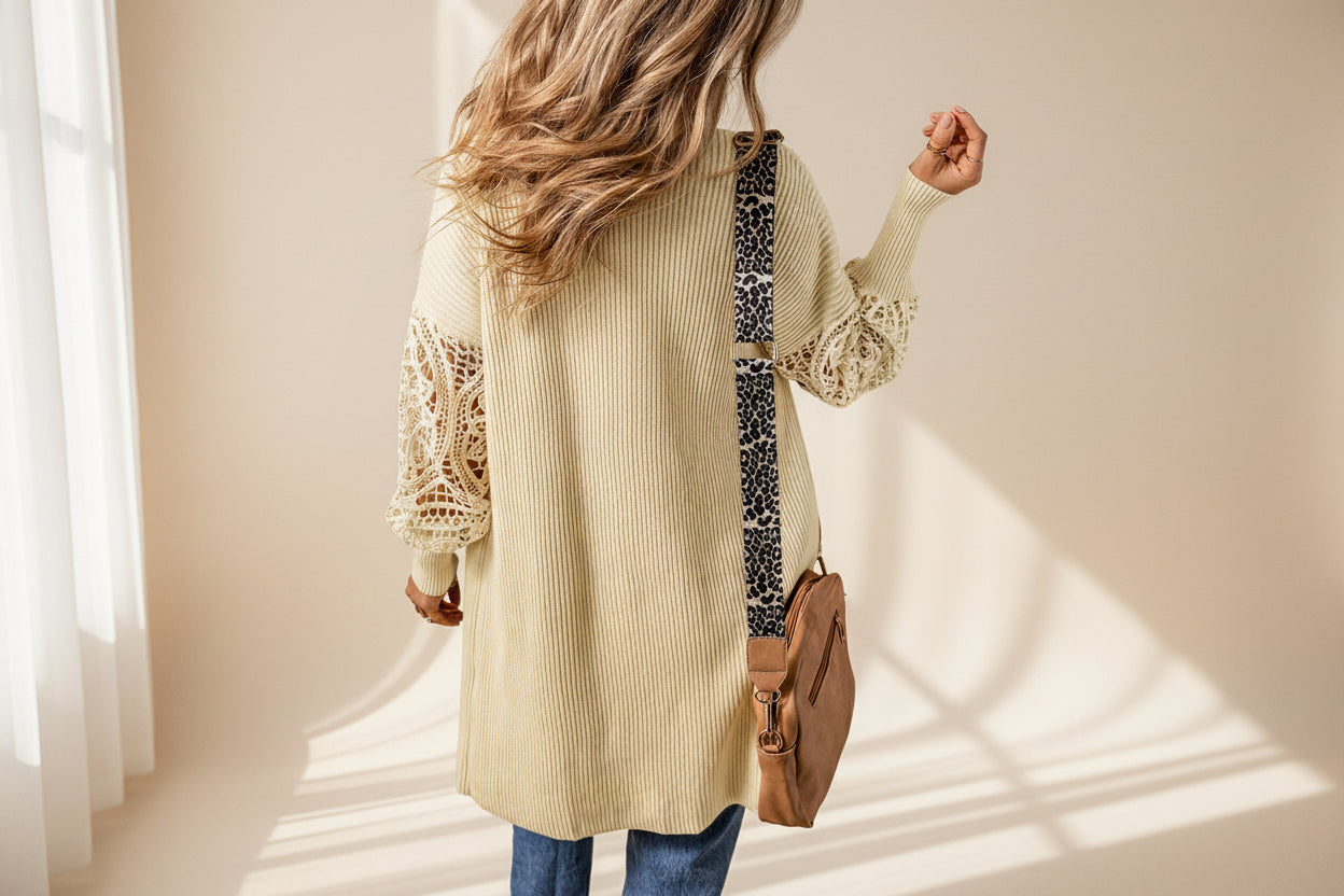 Black Lace Sleeve Ribbed Knit Cardigan — Detail View 5