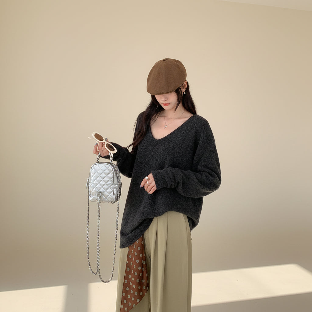 V-Neck Relaxed Knit Pullover — View 8