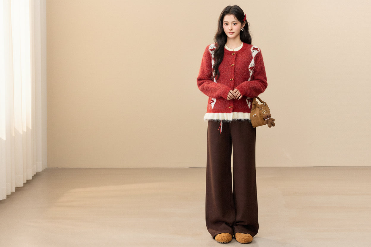 ELNOVÉ Red Bow Knit Cardigan