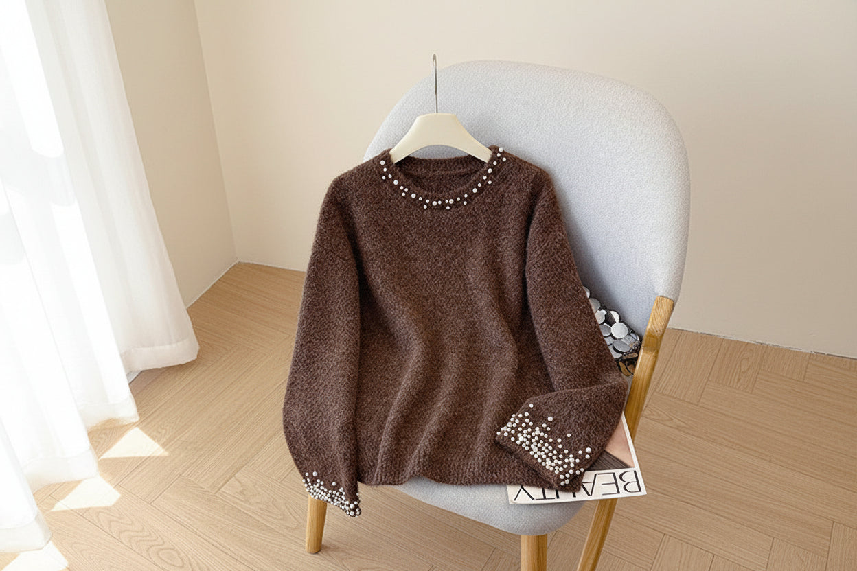 Pearl-Embellished Soft Knit Sweater — Detail View 1