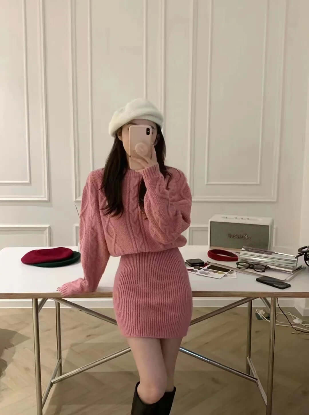 Manon Cable-Knit Mini Sweater Dress#Color_Pink