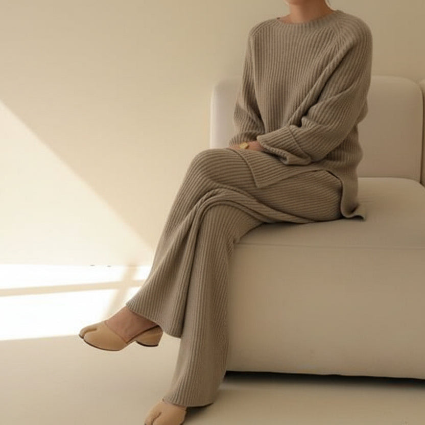 Crew Neck Knit Sweater & Wide Leg Pants Set — Detail View 3