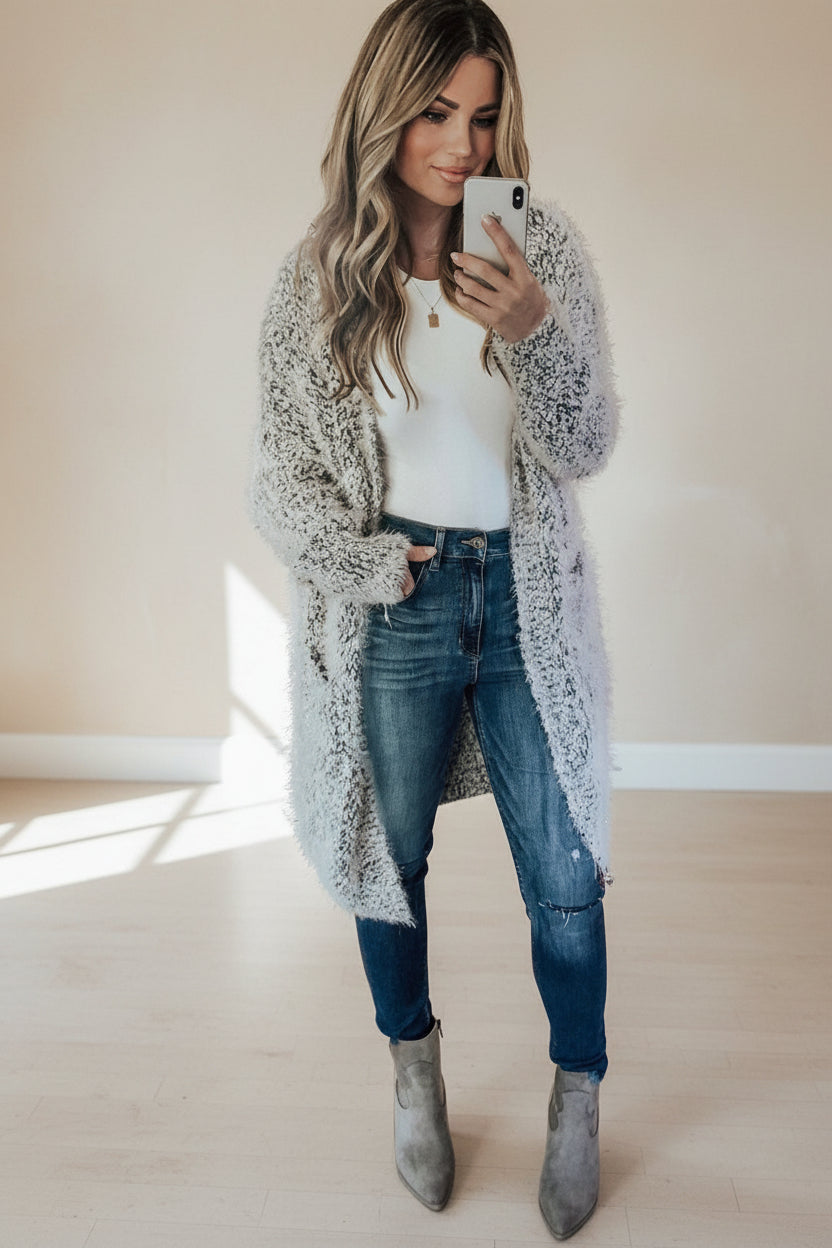 Gray Fuzzy Knit Cardigan with Pockets — Detail View 12