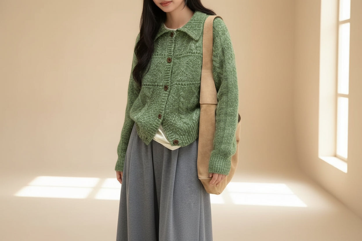 ELNOVÉ Cable Knit Collar Cardigan