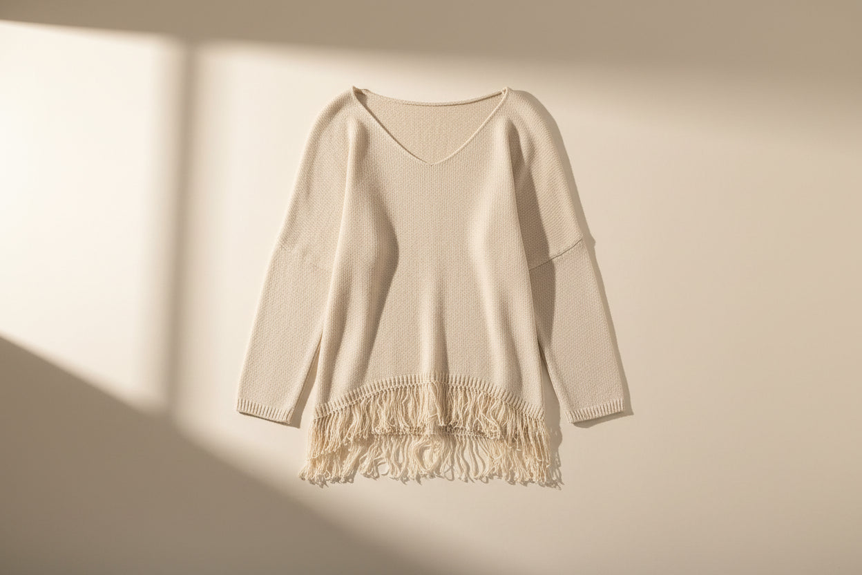 Khaki Lightweight Knit Fringe Hem Sweater — Detail View 10