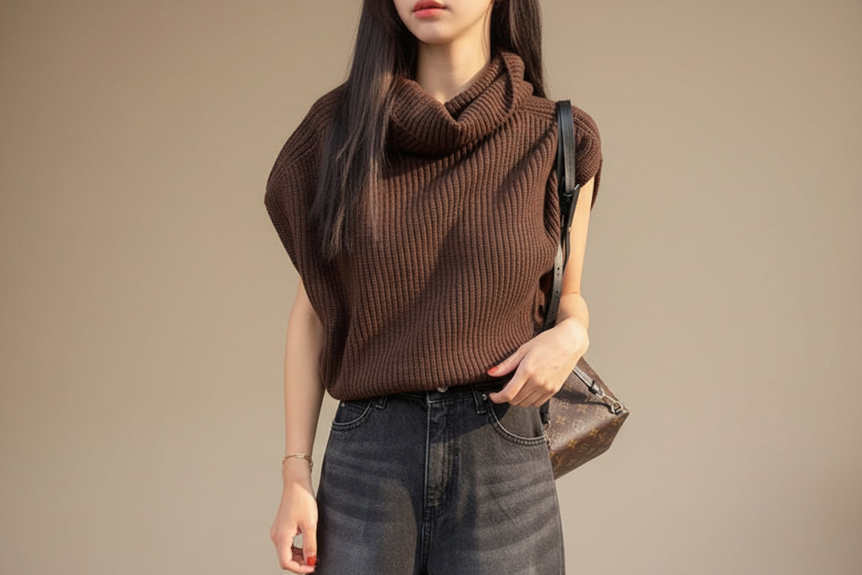 High Neck Ribbed Knit Vest — Full View