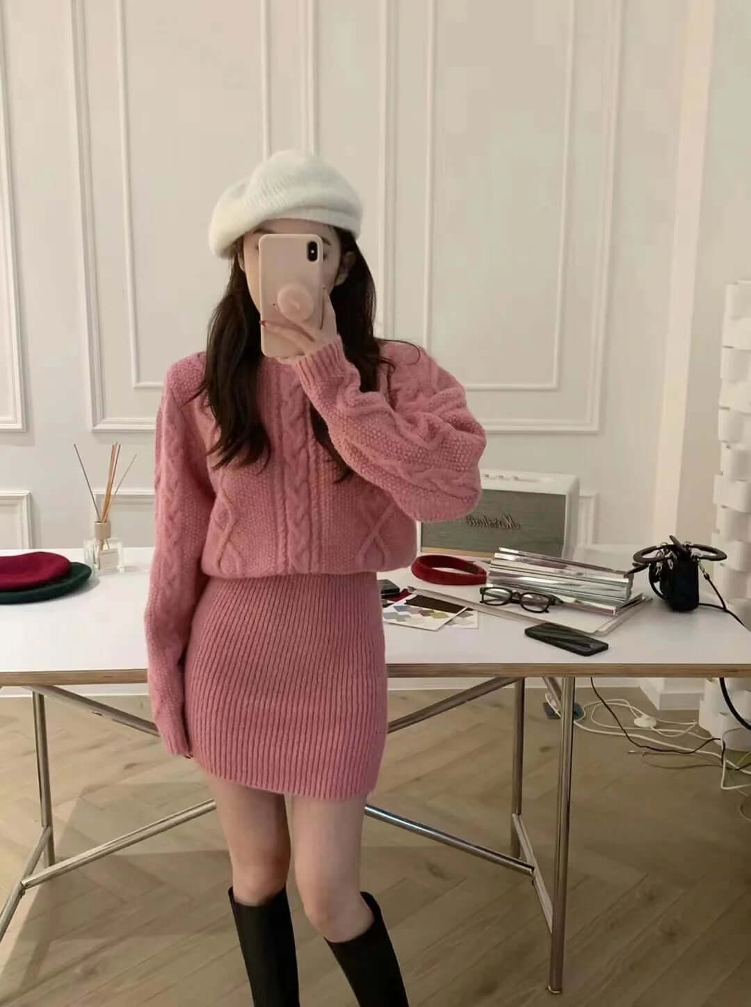 Manon Cable-Knit Mini Sweater Dress#Color_Pink