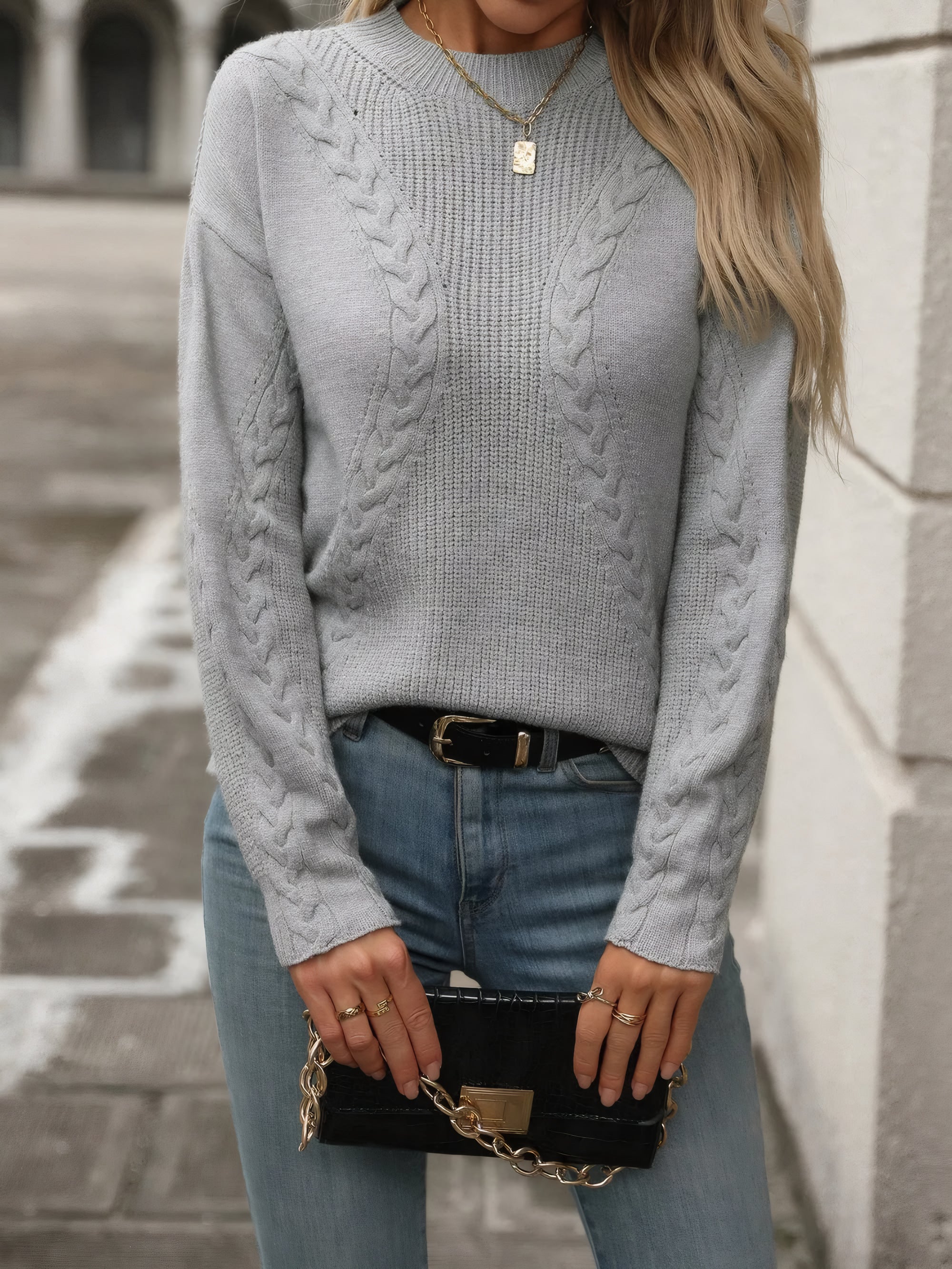 Léonie Stitched Crewneck Sweater#Color_Gray