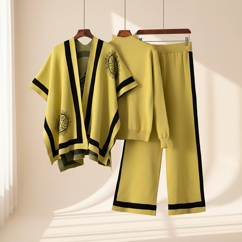 Three-Piece Knit Cape Top & Pants Set — Back View