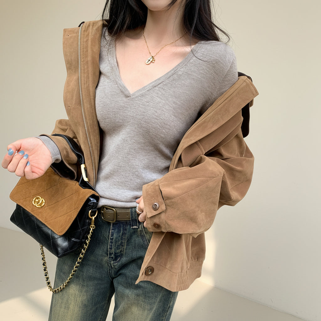 ELNOVÉ White V-Neck Slim Knit Sweater