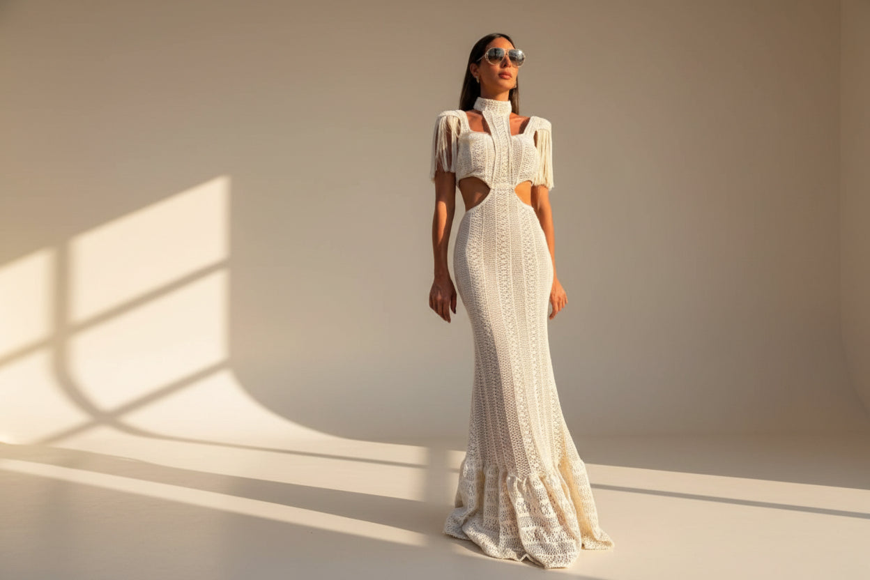 Tassel Sleeve Turtleneck Crochet Maxi Dress — styling view