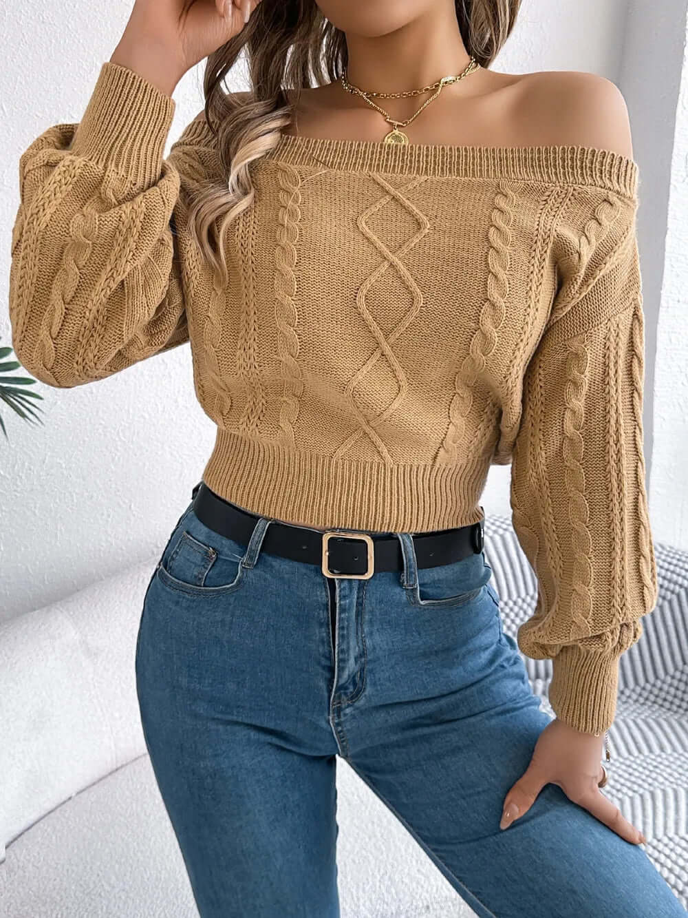 Colette Off-Shoulder Cable-Knit Sweater#Color_Camel