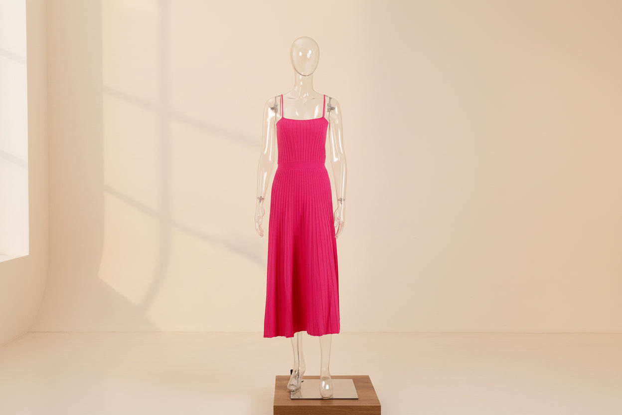 Solid Pleated Knit Slip Dress — back view