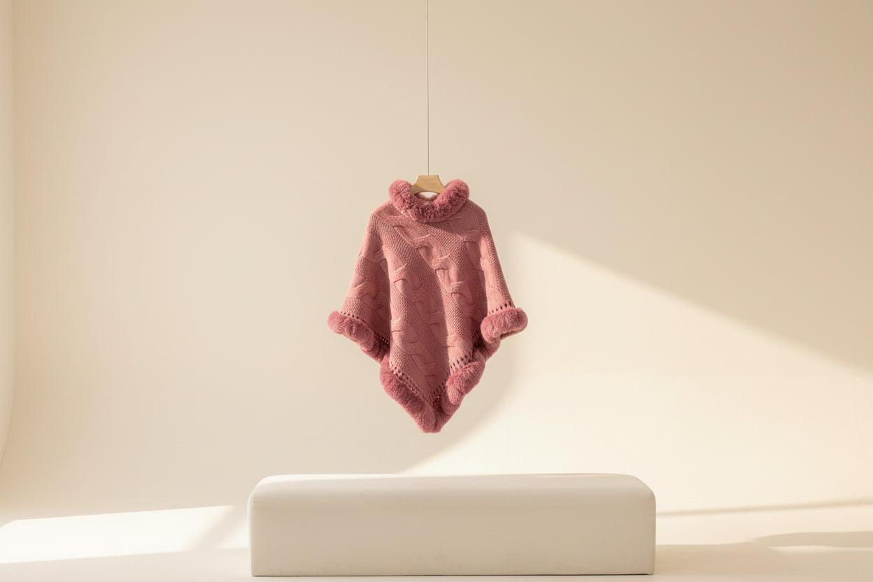 Fuzzy Hem Cable-Knit Poncho — Detail View 9