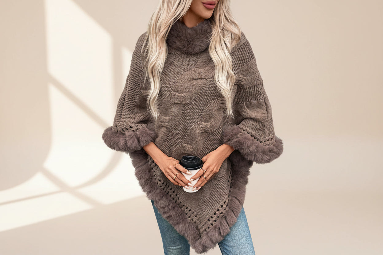 Fuzzy Hem Cable-Knit Poncho — Detail View 1