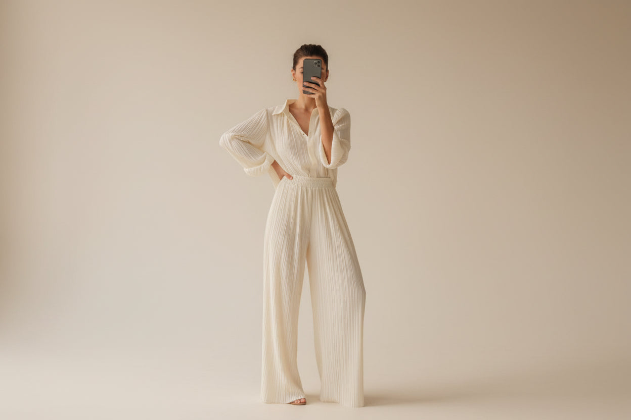 Pleated Blouse & Wide-Leg Pants Set