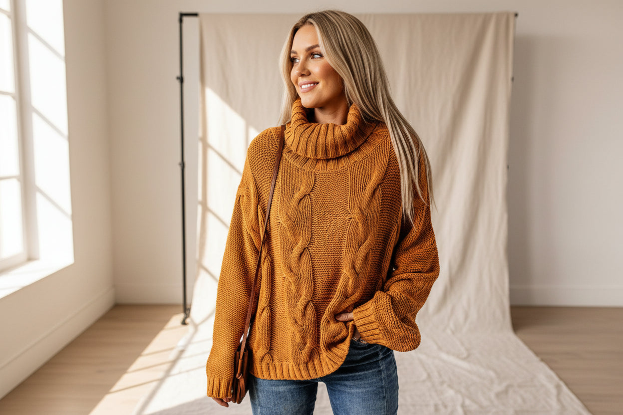 Cable-Knit Handmade Turtleneck Sweater — Detail View 4