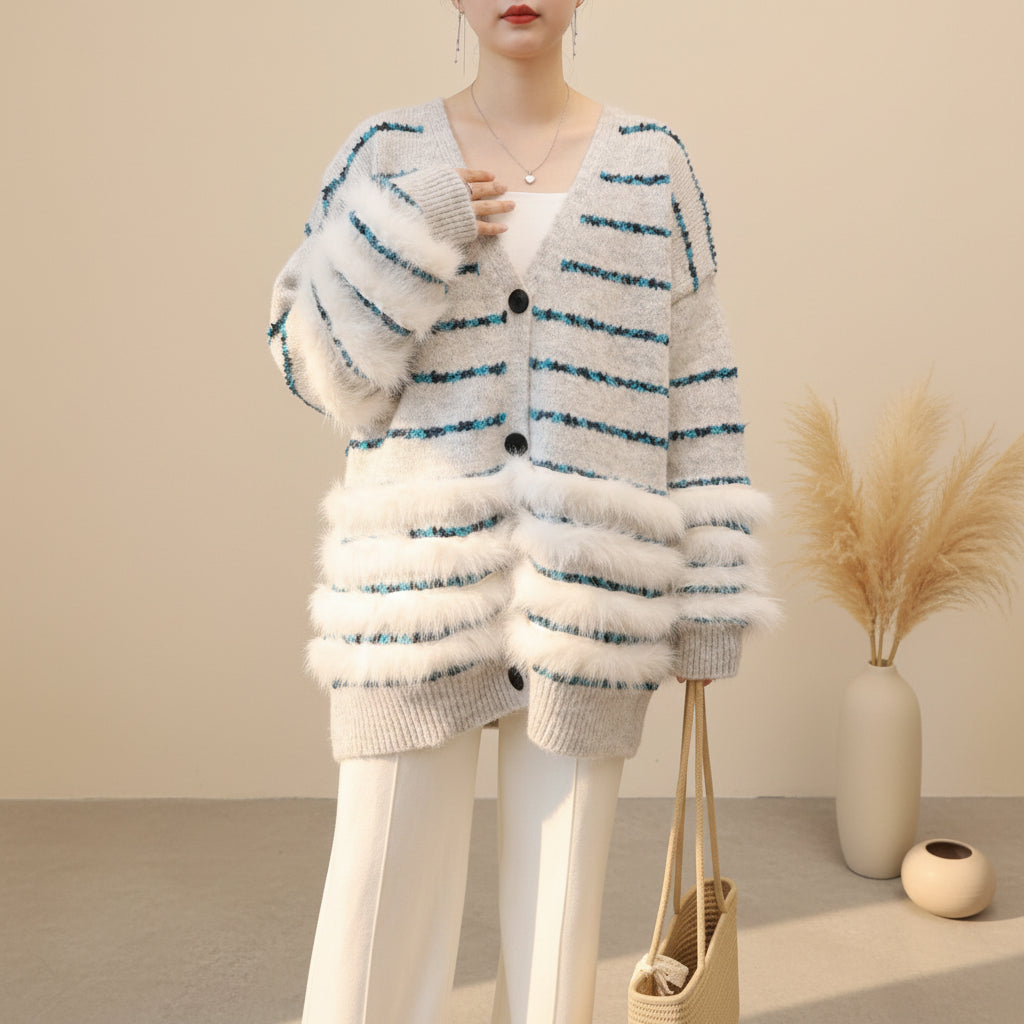 ELNOVÉ Fuzzy Striped Knit Cardigan