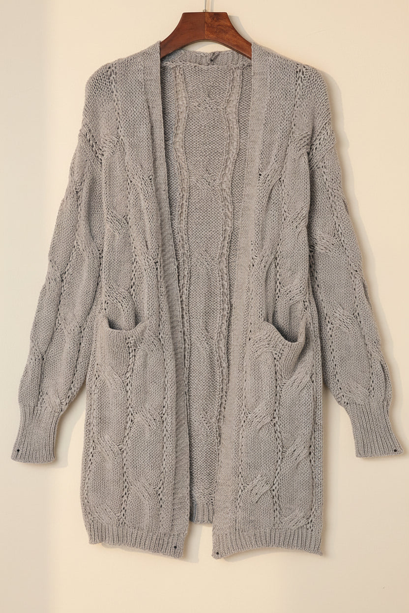 Ribbed Trim Eyelet Cable Knit Cardigan — Detail View